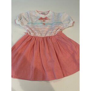 Vintage Health-Tex Girls Dress 4T White With Pink Knit Top & Bow Rainbow Stripes